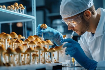 Scientist researching psilocybin mushrooms in laboratory setting for medical study