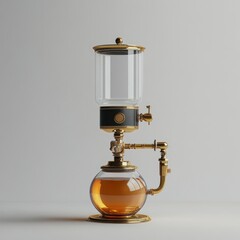 Ornate, glass-and-metal beverage dispenser.  Features a round glass base, a clear glass reservoir, and brass-colored accents