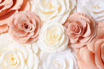 Beautiful paper flowers as background, top view