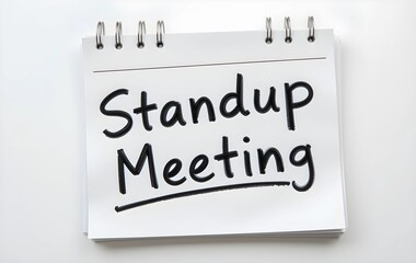 Notepad with "Standup Meeting" written on it on white background, corporate office Standup Meeting notes on a notepad, 