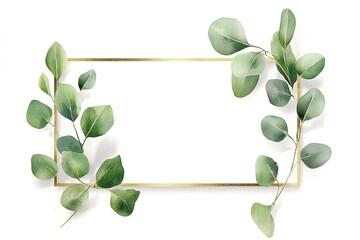 Eucalyptus leaves frame a golden rectangle on a white background watercolor art