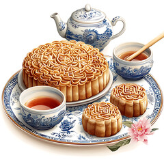 A decorative plate displays a large mooncake smaller cakes teacups and a teapot with blue floral patterns.