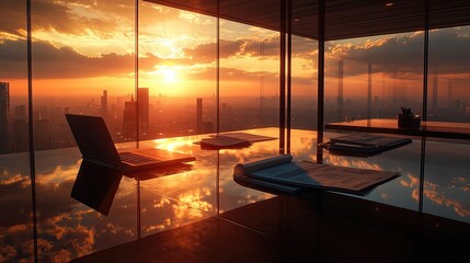 A modern office overlooking a cityscape at sunset hours