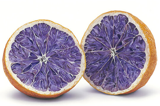 A halved citrus fruit its vibrant purple interior strikingly contrasting with the textured orange rind sits against white. - Powered by Adobe
