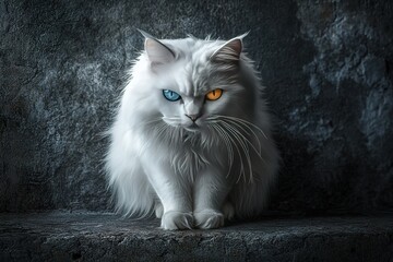 Heterochromia Cat: A majestic white feline with striking blue and gold colored eyes