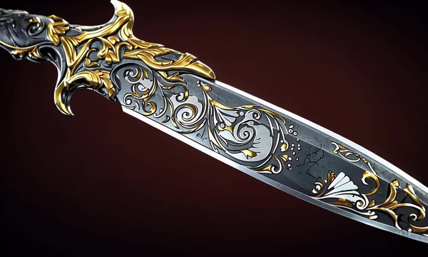 Ornate dagger, silver and gold, dark background, fantasy design, game asset