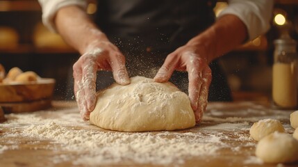 Baker shaping dough on wooden surface.