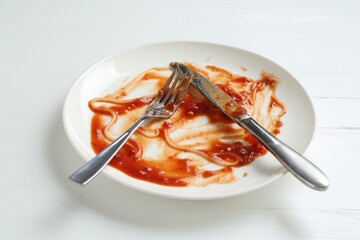 Dirty plate and cutlery on white wooden table, closeup