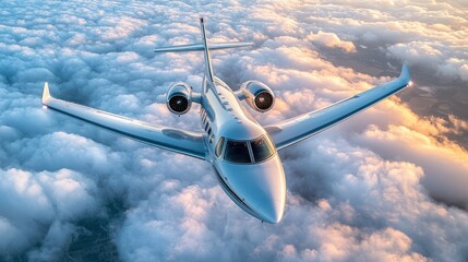 Fototapeta premium Private jet flying above fluffy clouds at sunrise. Possible use Stock photo for travel, aviation, business, or tourism