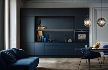 Fototapeta premium A small kitchen in an apartment with blue cabinets, modern interior design, a round table and chairs, a metallic ceiling lamp, a glass oven door