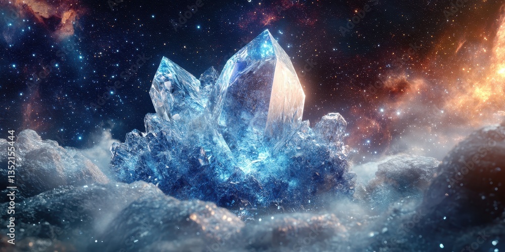 Poster a large crystalline structure floating within a cosmic nebula scene