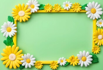 Fototapeta premium Soft daisies in white and yellow sit within a bright green background, forming a whimsical floral frame filled with charm, perfect for celebrating creativity and nature's beauty Generative AI