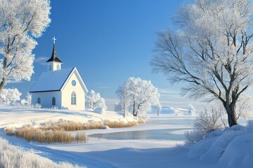 Winter Chapel: Serene church and snow-covered trees under a bright blue sky