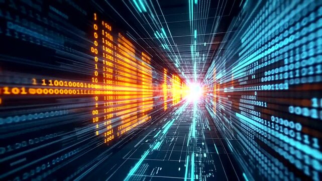 Abstract digital data stream with glowing lines and binary code in a futuristic setting