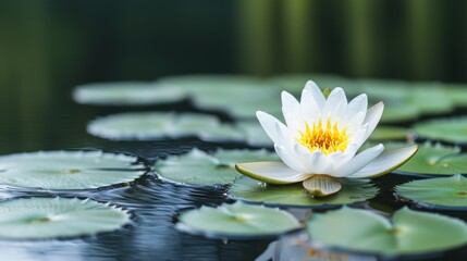 Graceful White Water Lily Blossom on Tranquil Pond Nature Photography Serene Environment Close-Up View