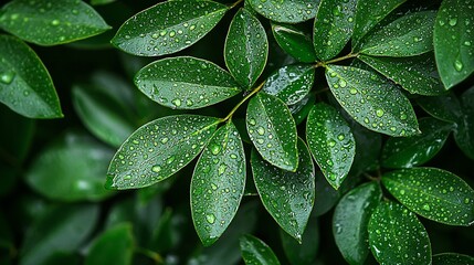 Fototapeta premium Lush green leaves with water droplets.