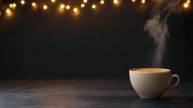 Steaming coffee cup on dark background with glowing string lights. Cozy ambiance for relaxation, morning ritual, or cafe atmosphere. Hot beverage visual.