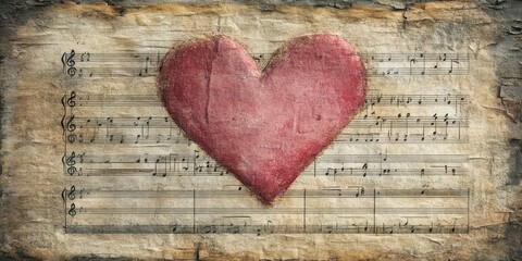 A textured red heart shape sits over old musical notes