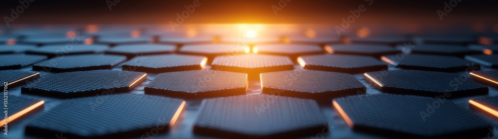 Poster a hexagonal pattern illuminated by glowing orange lights against a dark backdrop, creating a futuris