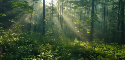Obraz premium A tranquil forest landscape bathed in sunlight, where rays filter through the leafy green canopy, creating a serene and calming atmosphere.