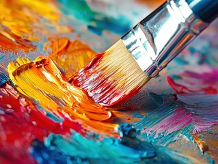 Fototapeta premium Vibrant Artwork: A close-up view shows a paint brush applying bold strokes of colorful paint, creating a textured and expressive canvas.