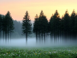 Obraz premium Serene Sunrise Fog Over a Tranquil Forest Meadow Nature Landscape Morning Calm Ethereal Viewpoint