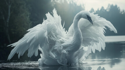 Fototapeta premium white swan gracefully spreading its wings while floating on calm water. The swan's feathers are beautifully detailed, appearing soft and delicate, with a glowing, almost ethereal quality. 