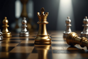 A chessboard with a golden king standing among fallen silver pieces