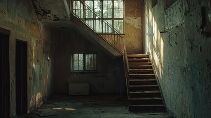 Abandoned building interior with a decaying staircase leading to a window, sunlight filtering through. A glimpse into forgotten spaces.