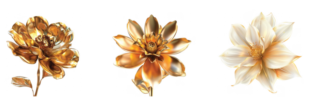 Three elegant metallic flowers with detailed petals and intricate design elements