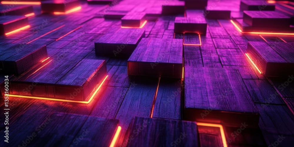 Aufkleber a futuristic design features glowing rectangular blocks and wooden textures