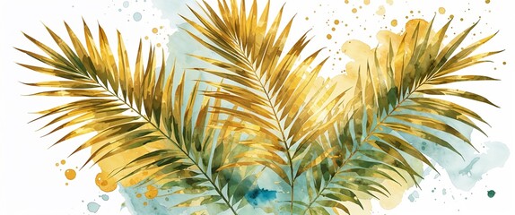 Naklejka premium Golden palm leaves over soft watercolor splashes