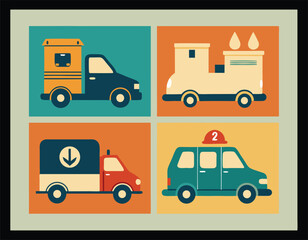 Vector set of cartoon delivery car icons