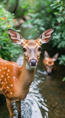 Fototapeta premium Young Fawn Drinking Water in Forest Stream Nature Photography Lush Green Environment Close-Up View Wildlife Exploration