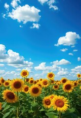 Obraz premium Vast sunflower field under a vibrant blue sky dotted with fluffy white clouds, texture, bright, photography