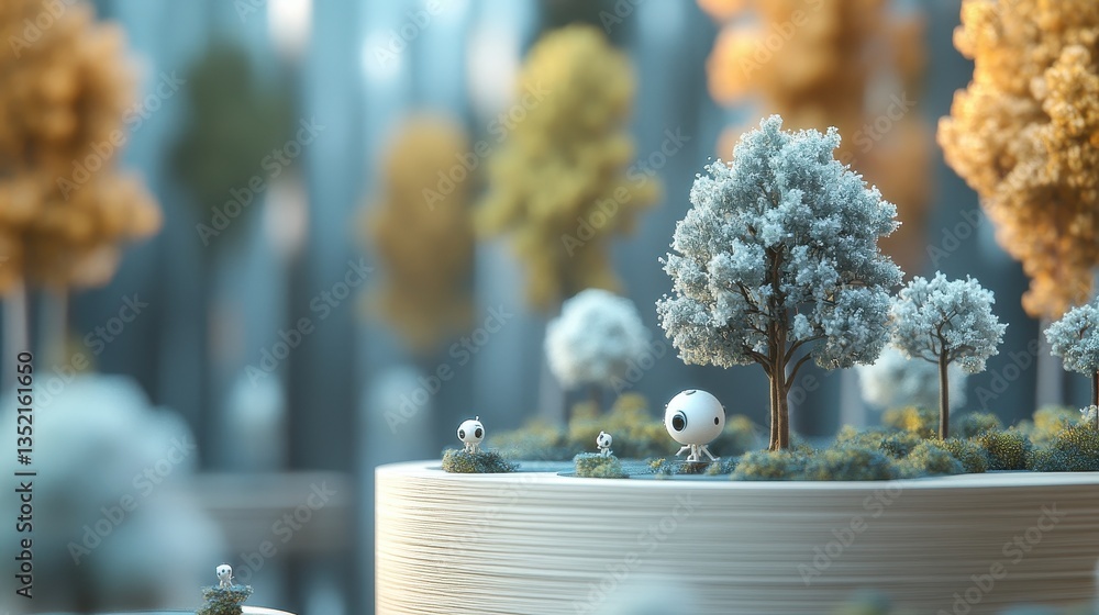 Poster tiny white robots explore a miniature forest with small trees and foliage