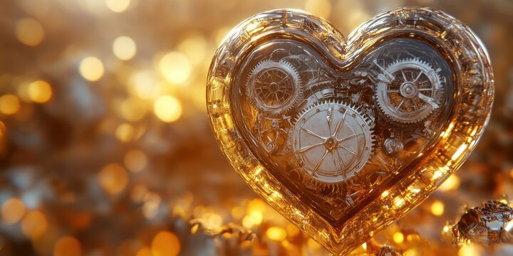 A golden heart filled with mechanical gears and intricate details