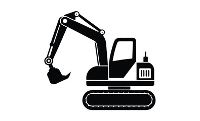 Mini excavator silhouette, construction vehicle vector illustration