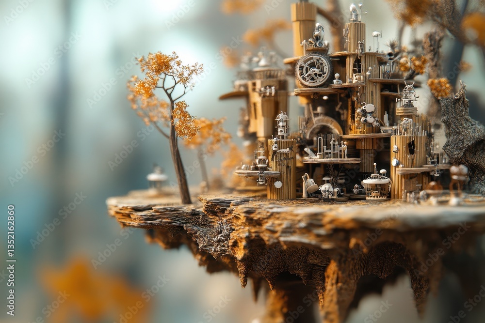 Poster a wooden structure with trees on a small floating island