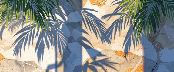 Palm leaf shadows on abstract stone and marble background