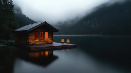 Fototapeta premium Cozy Lakeside Cabin in Misty Mountains