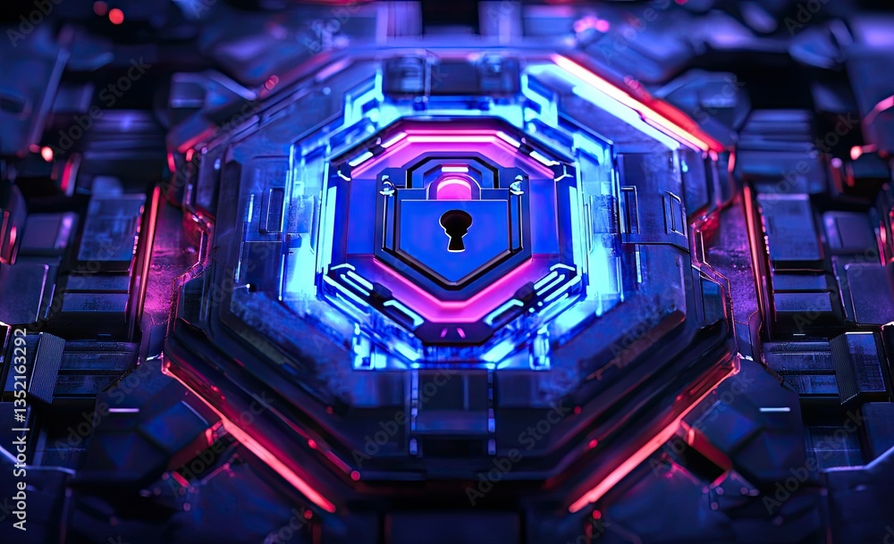 Poster a close-up view of a futuristic circuit board featuring a glowing padlock symbol. representing cyber