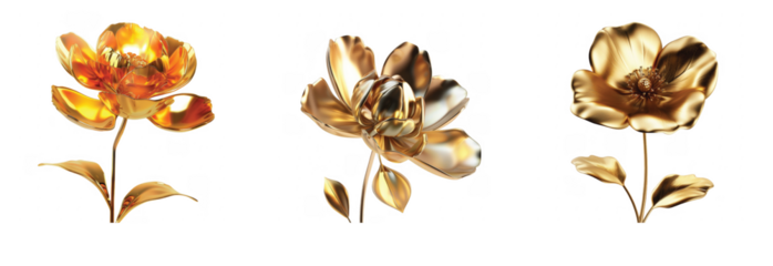 Three elegant golden flowers with delicate petals and stems