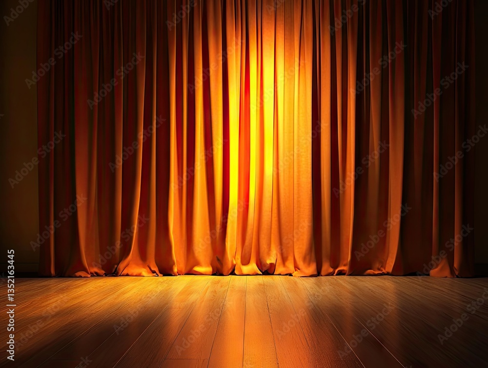 Poster a stage illuminated by a single spotlight. with rich orange curtains drawn aside. creating a dramati