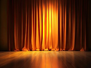 A stage illuminated by a single spotlight. with rich orange curtains drawn aside. creating a dramatic ambiance for a performance in an intimate theater setting