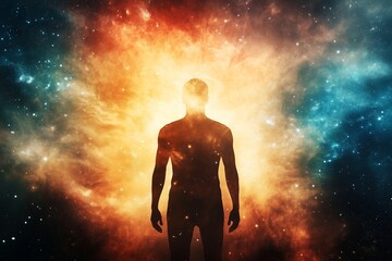 Mystical Astral Body Silhouette Against Abstract Cosmic Background for Spiritual and Esoteric Themes