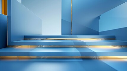 Minimalist futuristic design layers of matte Blue surfaces elegant gold accents composition crisp clean subtle highlights give sense of depth dimension gold detailing enhances the sense of exclusivity
