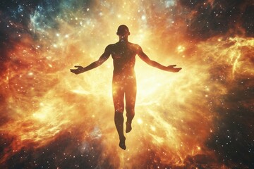 Naklejka premium Mystical Astral Body Silhouette Against Abstract Cosmic Background for Spiritual and Esoteric Themes