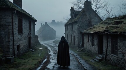 A hooded figure walks through a misty village, surrounded by ancient stone houses and a gloomy atmosphere.