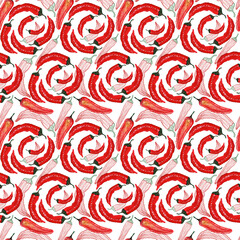 Watercolor seamless pattern with hot and sweet peppers
